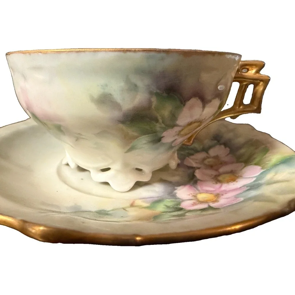 Vintage Japan Footed Teacup Saucer Pink Floral Openwork Pedestal Gold Handle